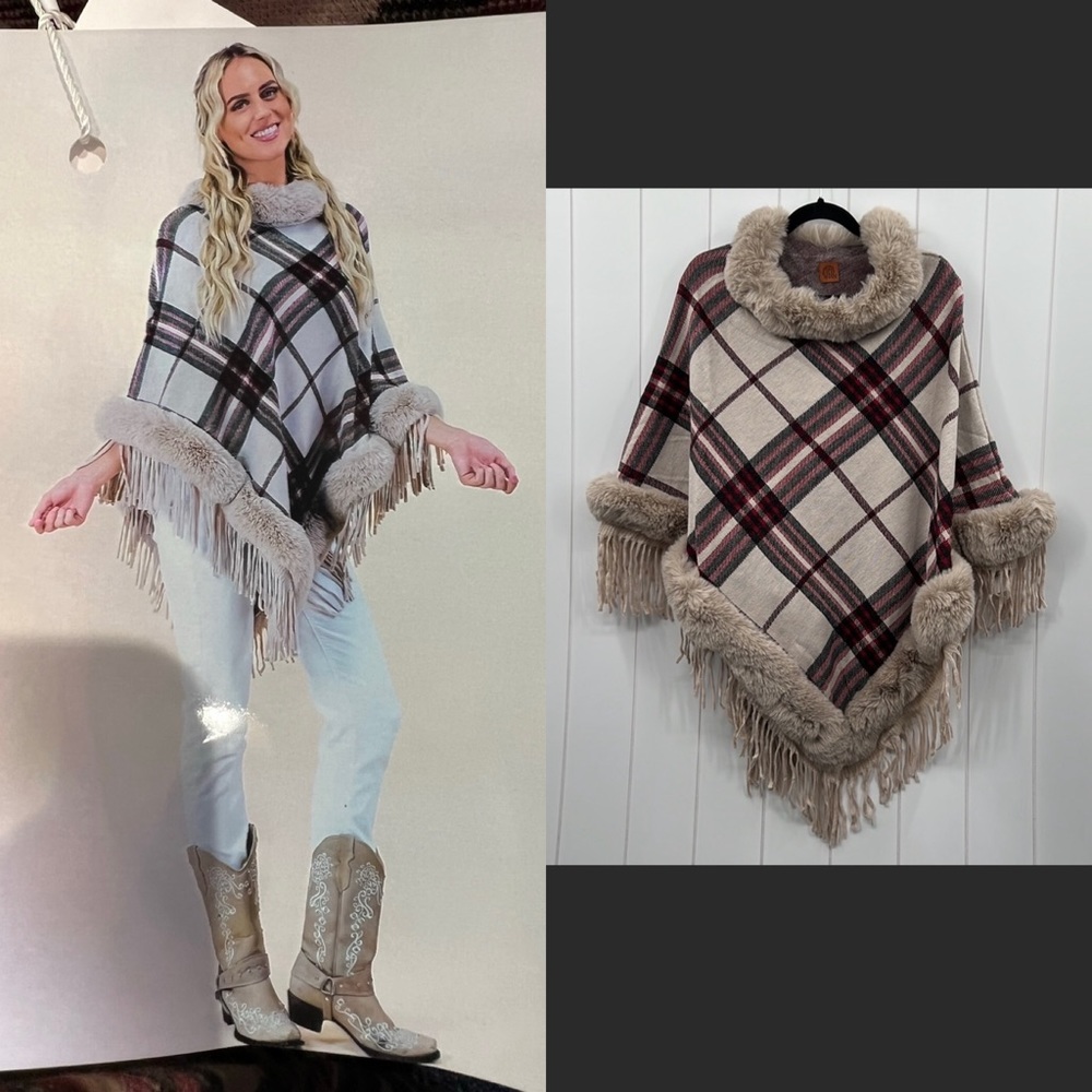 🆕Tartan Plaid V-Shape Poncho W/Faux Fur & Fringe Trim - Picture 12 of 12